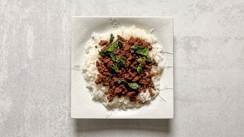 rice and beef on plate