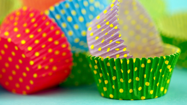 close-up of colorful cupcake liners