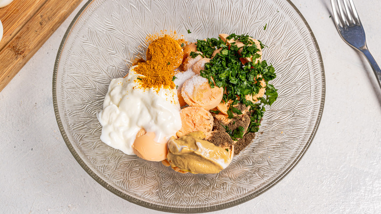 Ingredients for egg yolk filling in a bowl