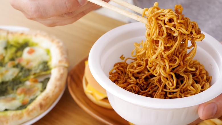 instant yakisoba with chopsticks