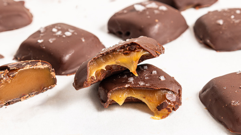Inside of chocolate-covered salted caramels