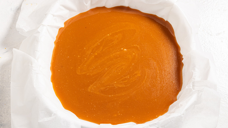Caramel in a parchment-lined dish