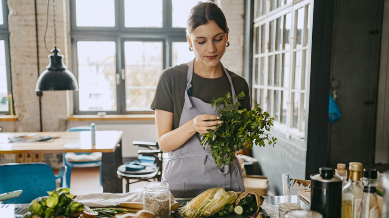 Woman prepping produce