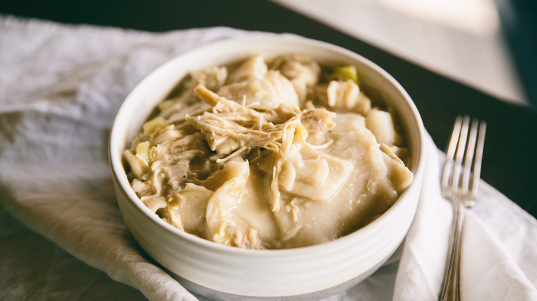 bowl of chicken and dumplings