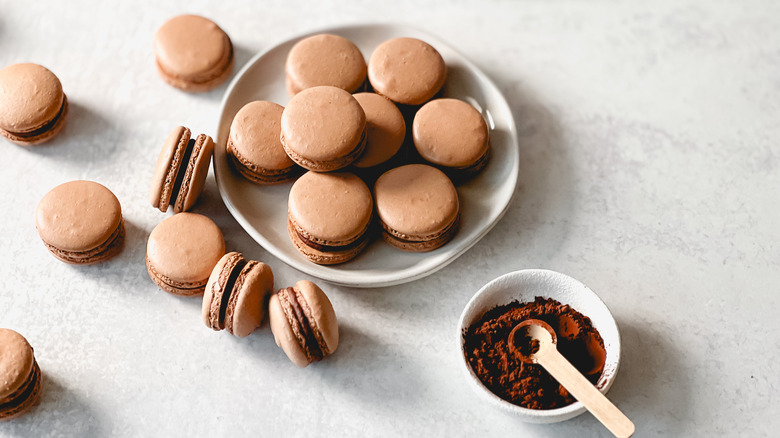 Chocolate macarons with ganache filling and cocoa powder on table