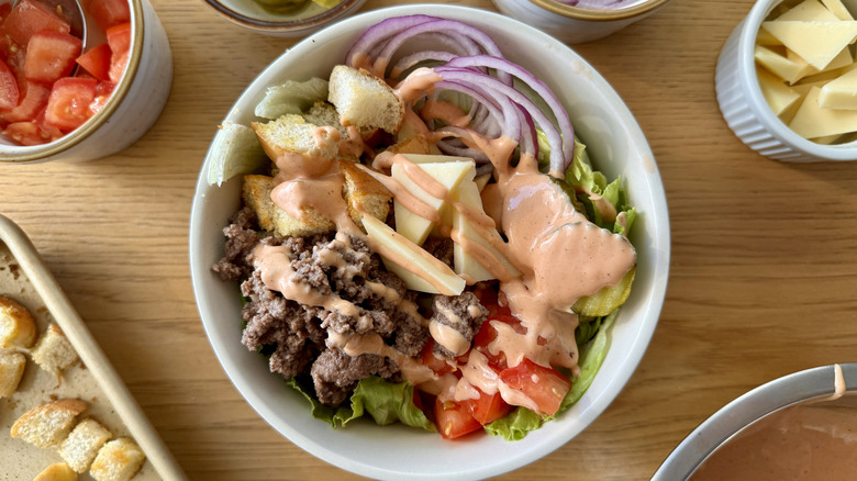 Cheeseburger bowl with various toppings