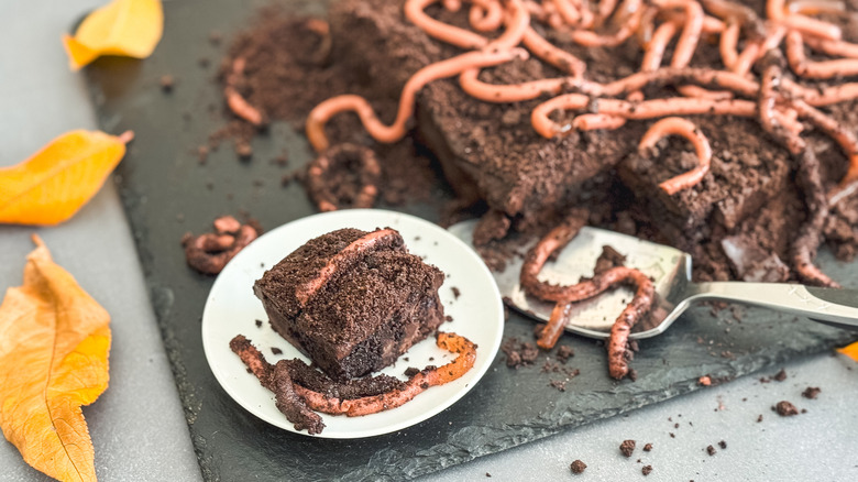 brownie slice with gelatin worms