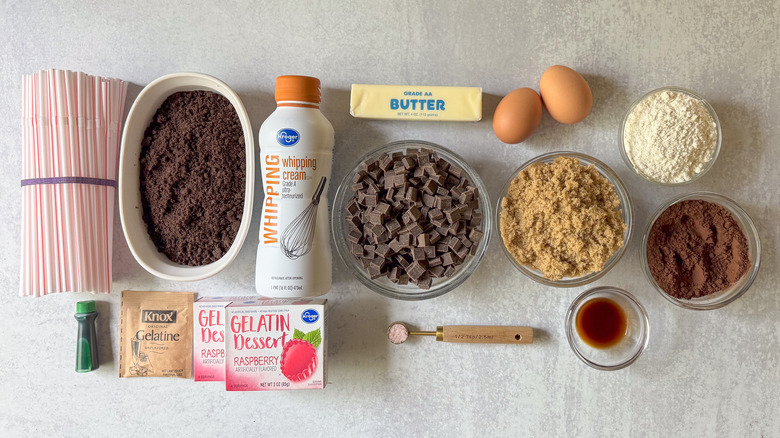 Dirt patch Halloween brownies ingredients on countertop