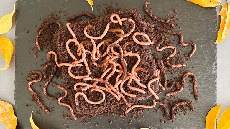 gelatin worms on cookie-coated brownies