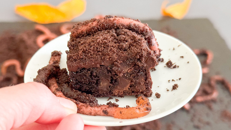 Dirt patch Halloween brownie on plate