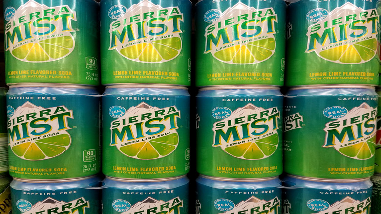 Stacked cans of Sierra Mist soda