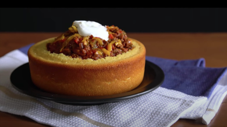 Chili in a cornbread bowl