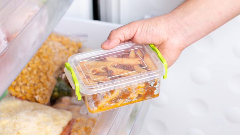 Sauced pasta in an airtight container