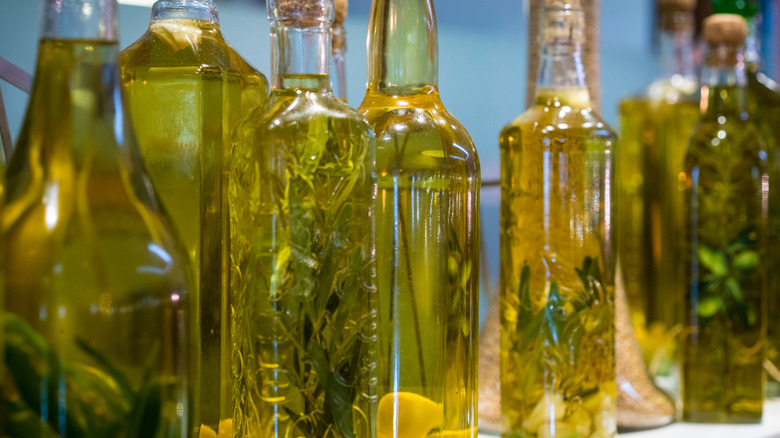 Glass bottles of olive oil