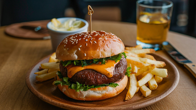 Cheeseburger on bun with fries