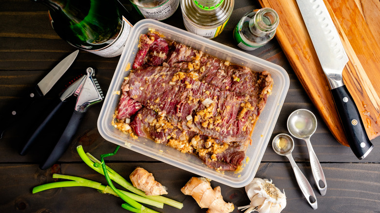 Skirt steak marinating in a ginger and garlic sauce