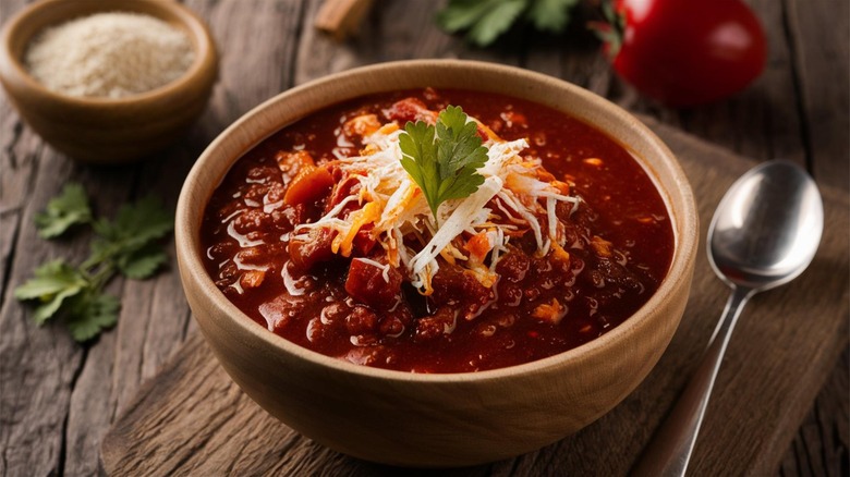 Bowl of chili topped with shredded cheese on a wooden table