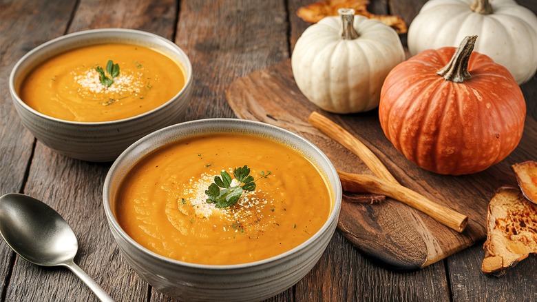 Pumpkin soup and whole pumpkins