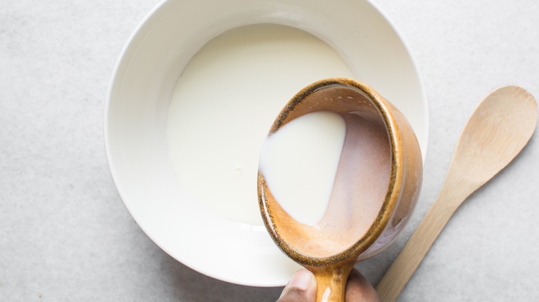 Ladle of milk in bowl