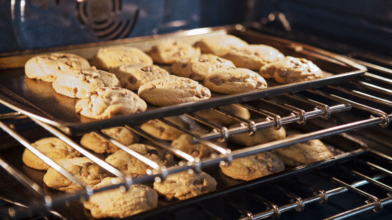 Chocolate chip cookies baking in oven 
