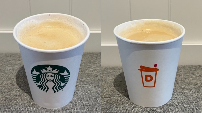 Starbucks caramel latte on the left, Dunkin' caramel latte on the right