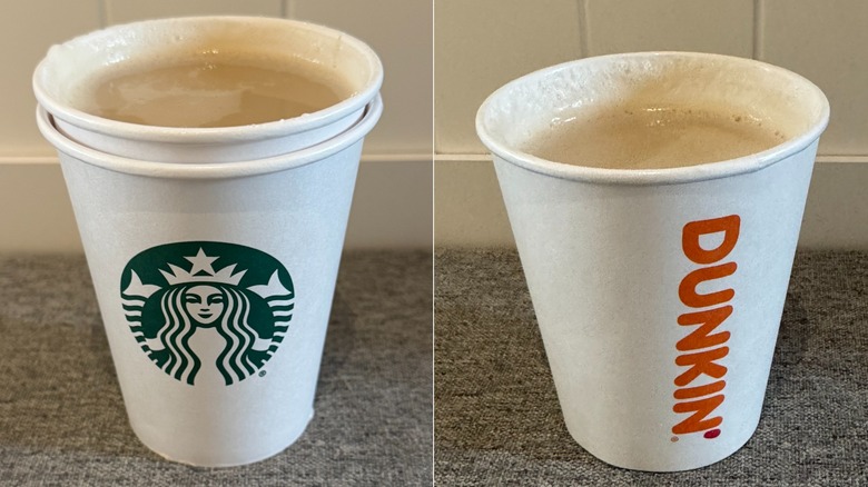 Starbucks Chai Latte on the left, Dunkin' Chai Latte on the right