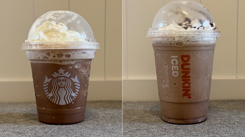 Starbucks frozen mocha on left, Dunkin' frozen mocha on right