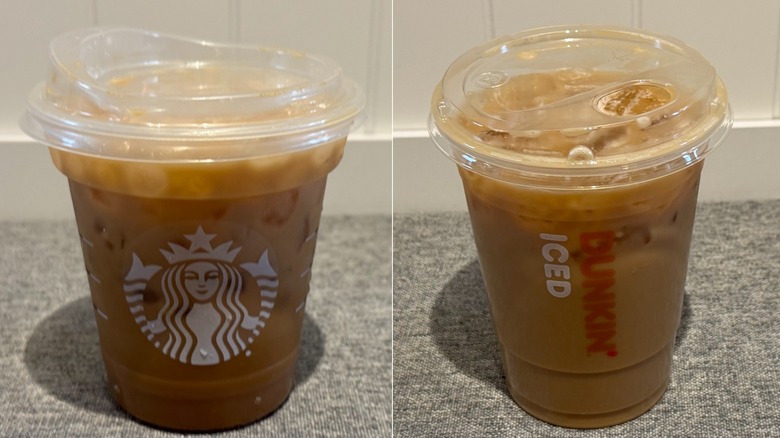 Starbucks Iced Shaken Espresso on the left, Dunkin' Iced Shaken Espresson the right