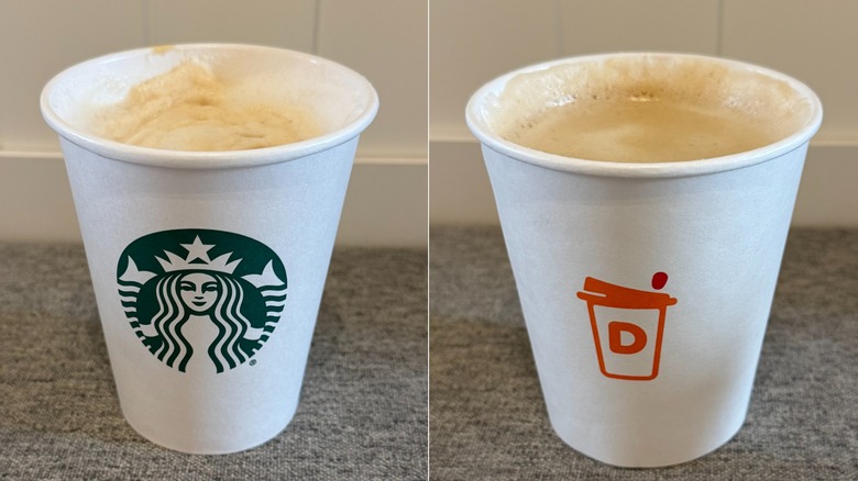 Starbucks macchiato on left, Dunkin' macchiato on right