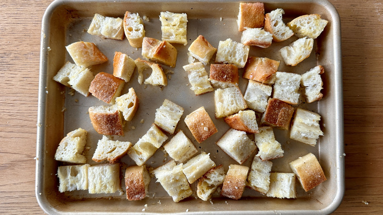 Croutons on baking sheet