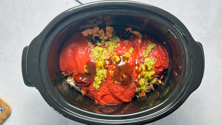 chiles and tomato in slow cooker