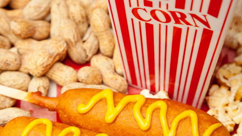 Ballpark snacks, peanuts, corn dog, popcorn