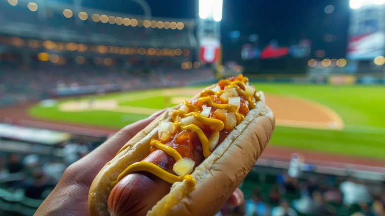 Hot dog at a baseball stadium