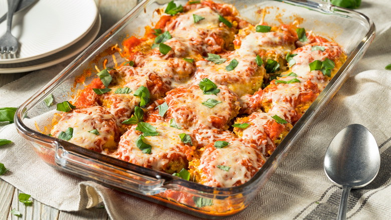 Eggplant Parmesan in a glass casserole dish