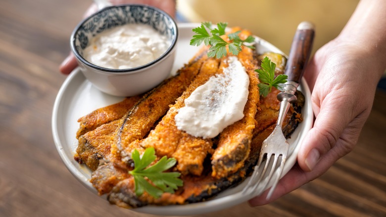 Person holding eggplant fries