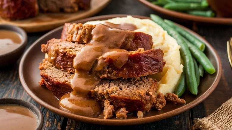 plate of gravy-covered meatloaf, mashed potatoes, and string beans