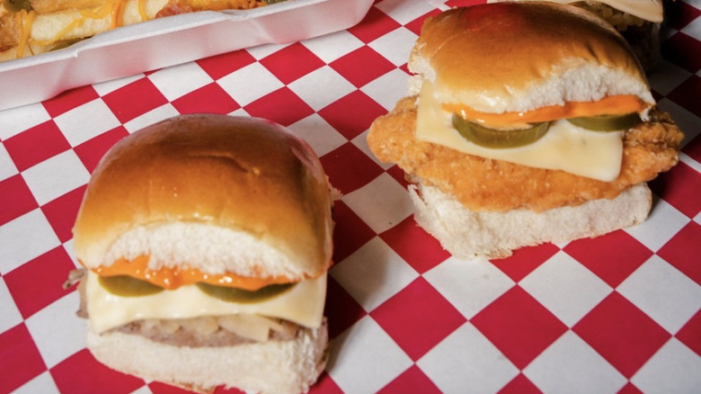 two Krystal sliders on a checkered table