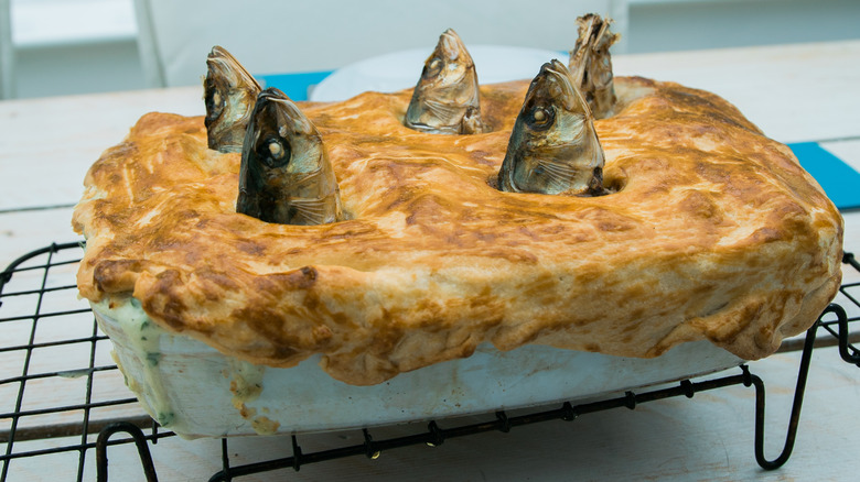 stargazy pie on cooling rack