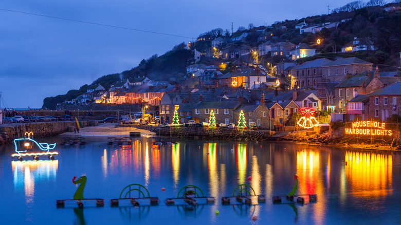 Mousehole, Cornwall decorated with holiday lights
