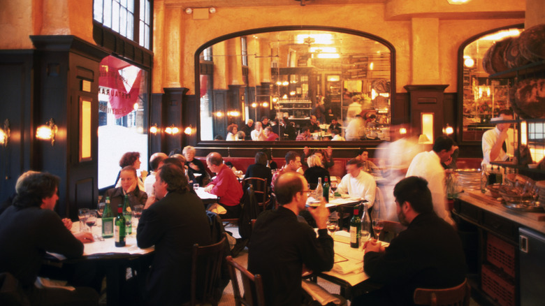 The interior of Balthazar, styled like a French brasserie.