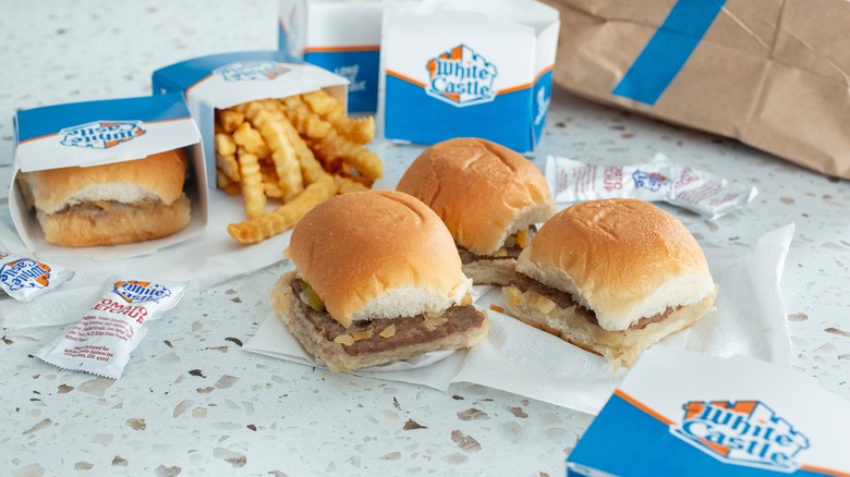 White Castle burgers and fries on a table