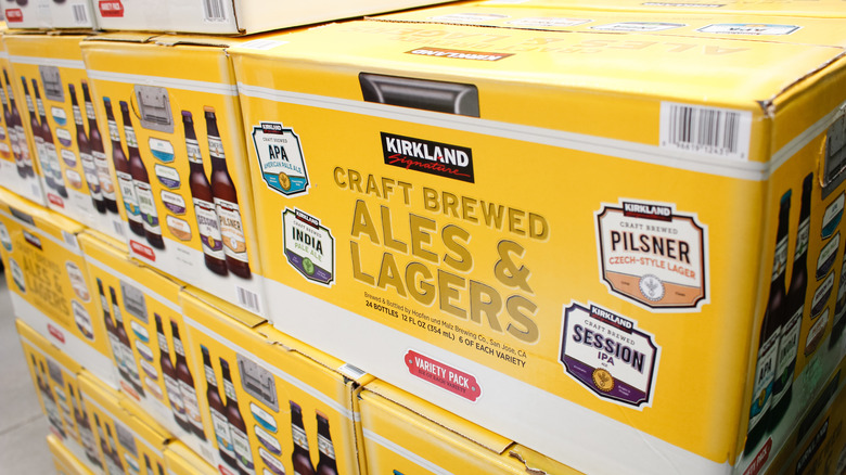 Cases of Kirkland Signature beer at a Costco warehouse