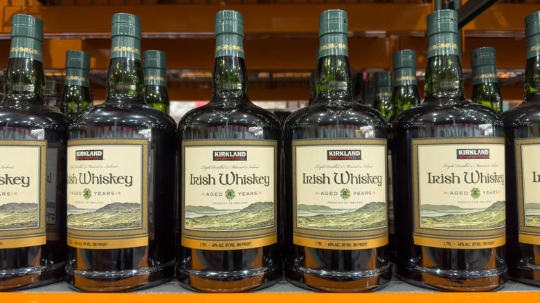 Bottles of Kirkland Signature Irish Whisky at a Costco warehouse