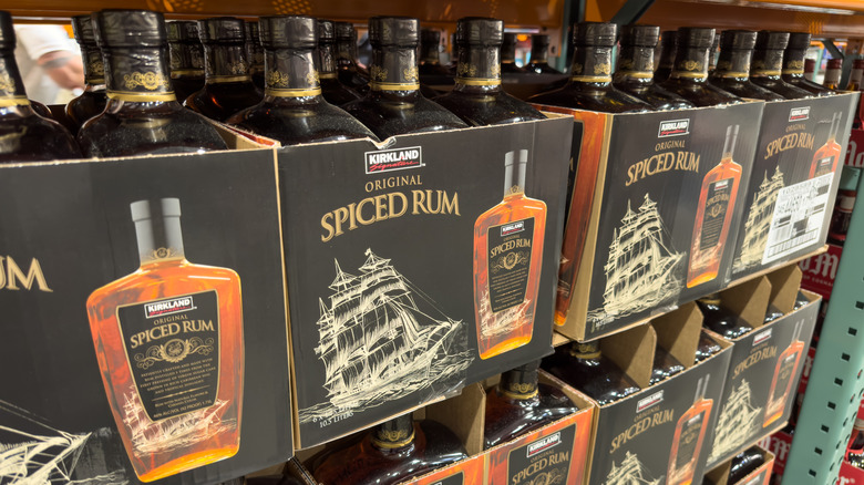 Boxes of Kirkland Signature Original Spiced Rum at a Costco warehouse