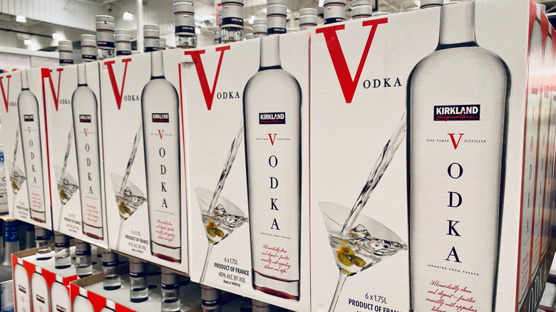 Boxes of Kirkland Signature French vodka at a Costco warehouse