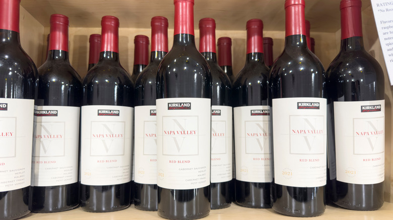 Bottles of Kirkland Signature Napa Valley wine at a Costco warehouse