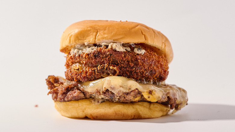 Fried mushroom on a cheeseburger