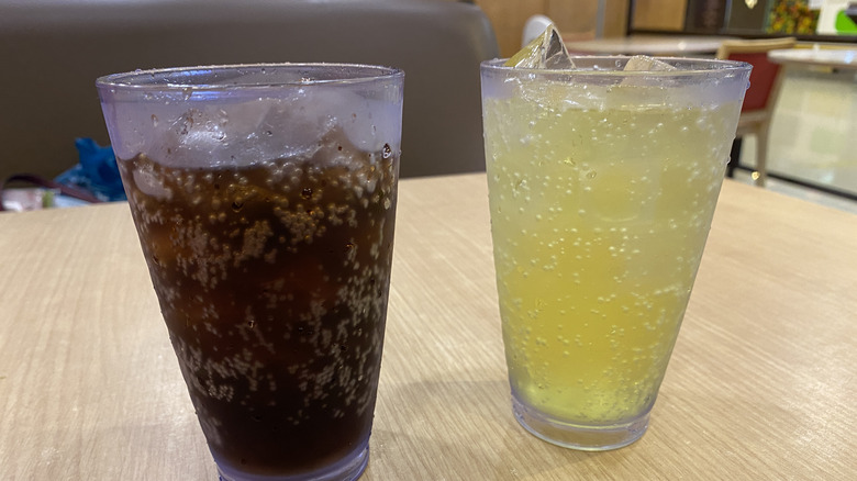 Cups of soda on a restaurant table