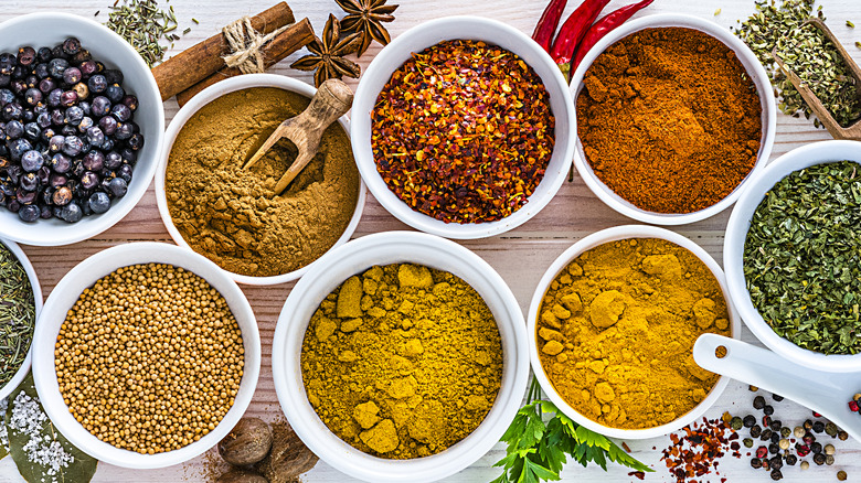 bowls of colorful spice bowls