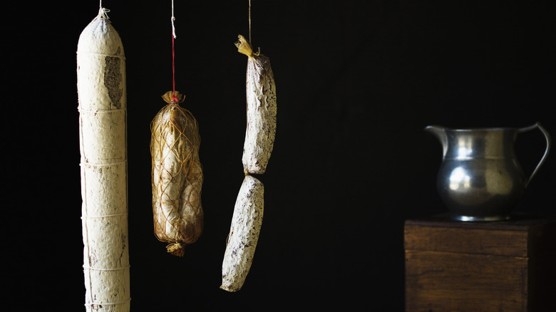 Cured sausages hanging